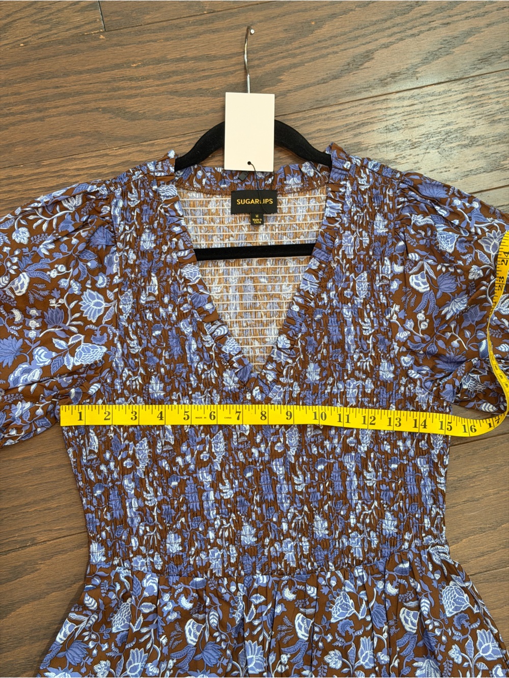 Sugarlips Bruceton Floral Brenty Smocked Midi Dress Brown Blue Size Medium NWT - Picture 6 of 10